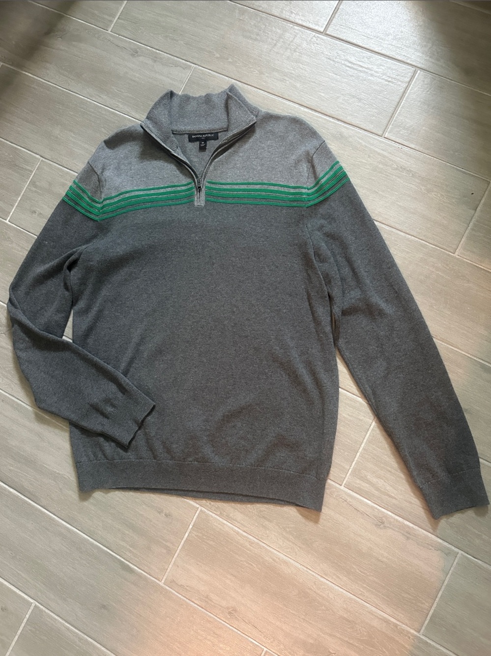 Banana Republic Gray Sweater with Green Chest Stripes - Quarter Zip